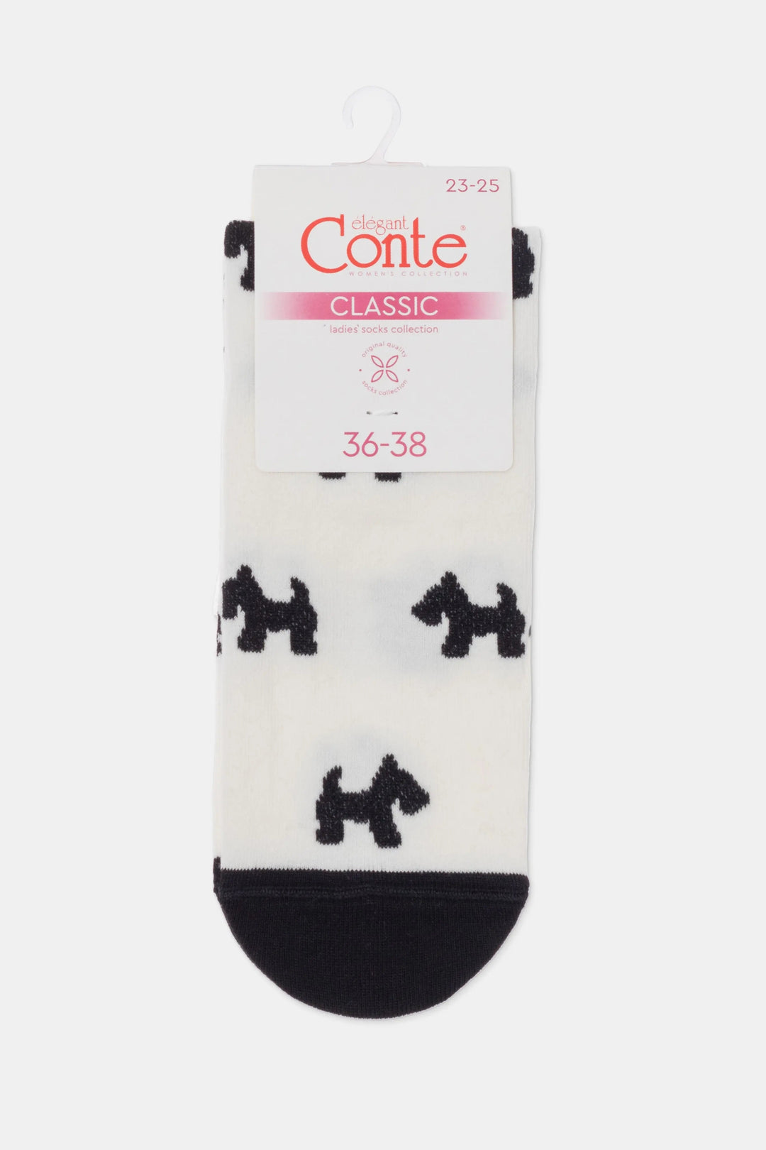 White sock with black dog pattern and Conte branding on packaging #color_milk