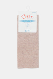 Pair of beige socks on a white background with 'Conte' label. #color_beige