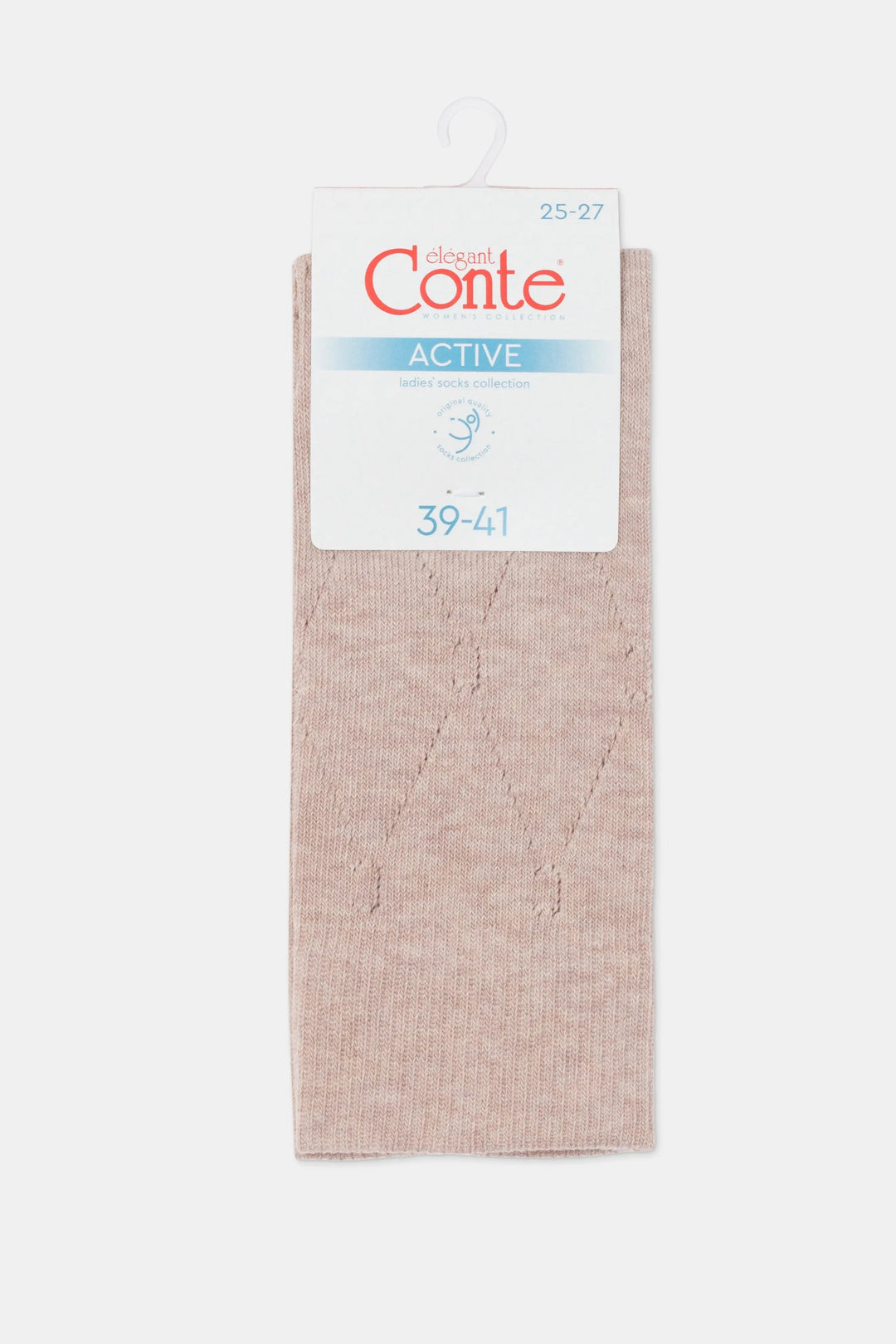 Pair of beige socks on a white background with 'Conte' label. #color_beige