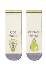Two socks with light bulb and pear designs on a white background