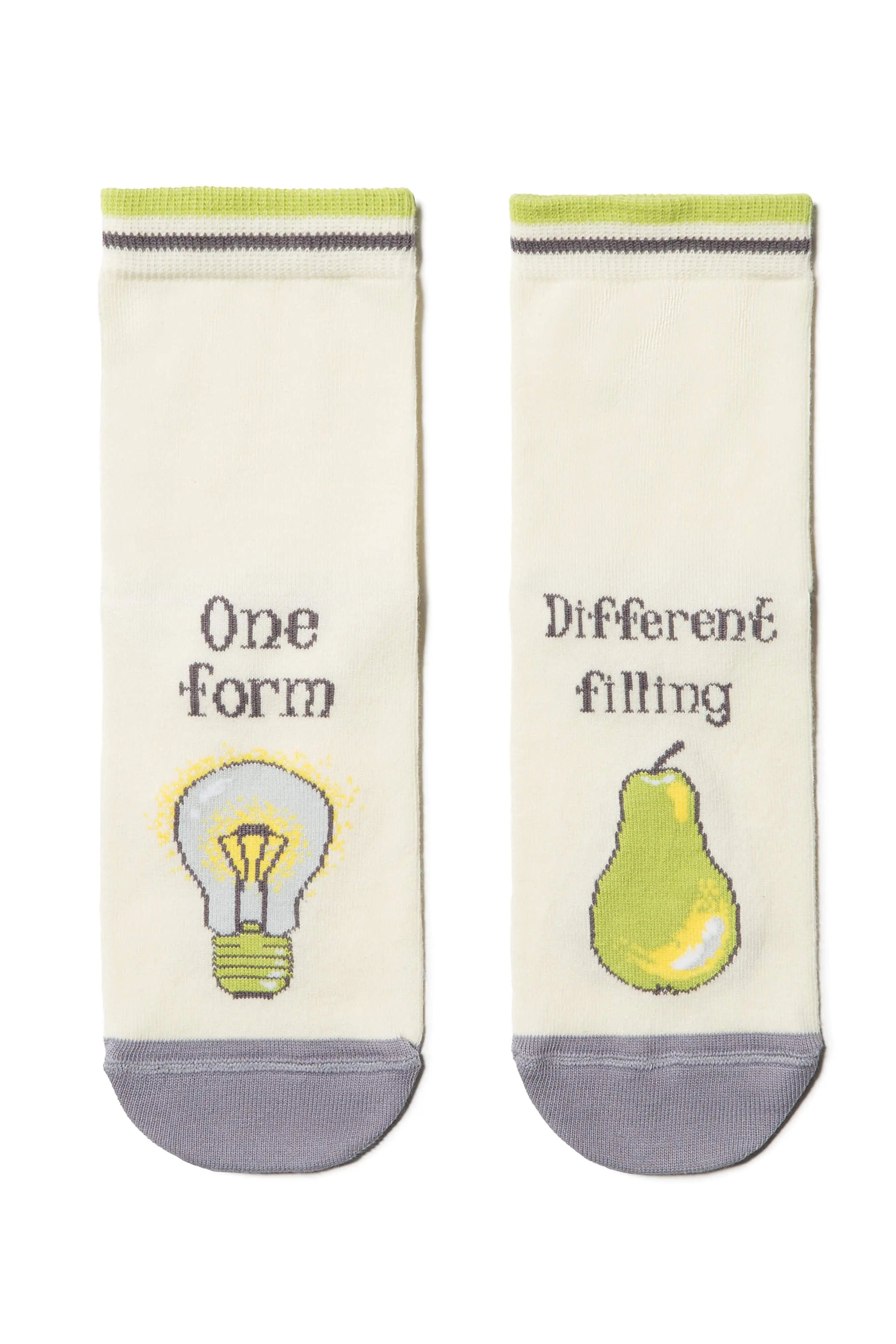 Two socks with light bulb and pear designs on a white background
