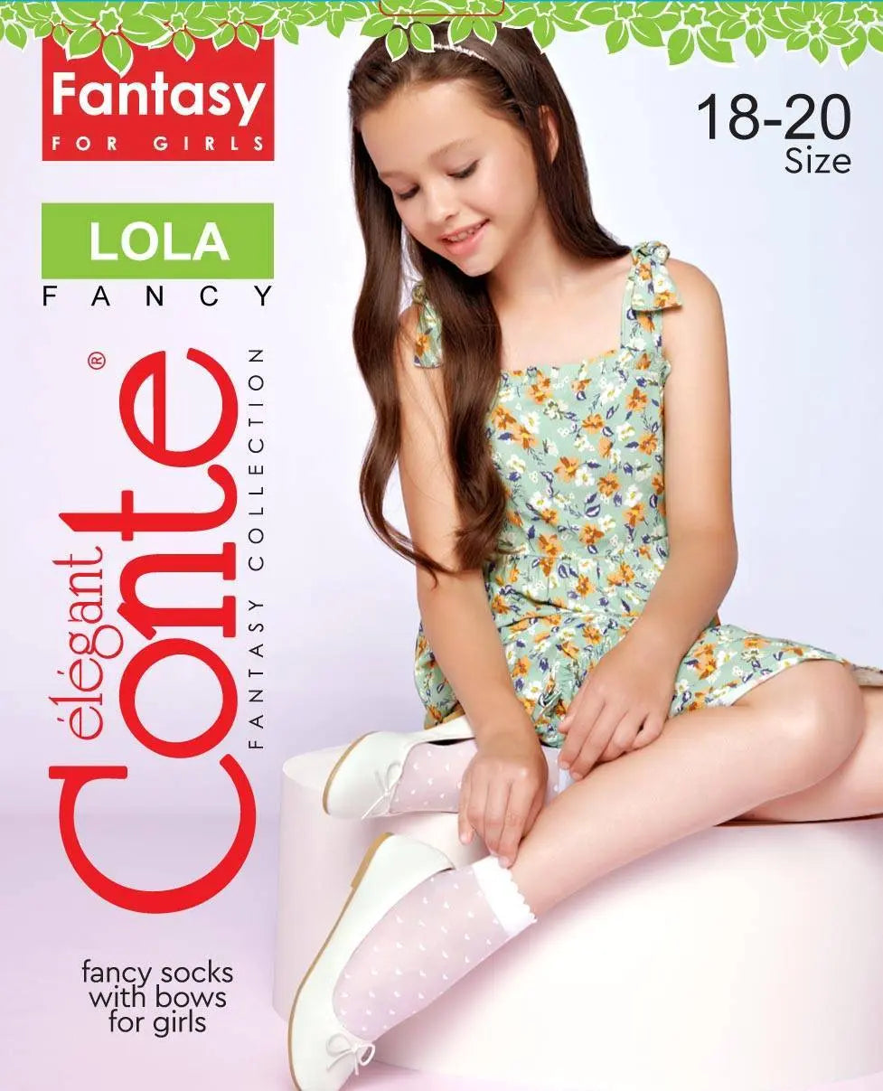 Advertisement for elegant Conte fancy socks with a girl wearing them, featuring the brand name and product details. #color_bianco