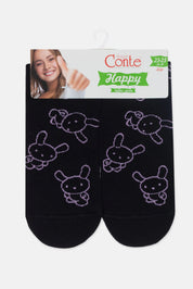 Black socks with bunny designs in packaging featuring a woman's face and 'Conte' branding.