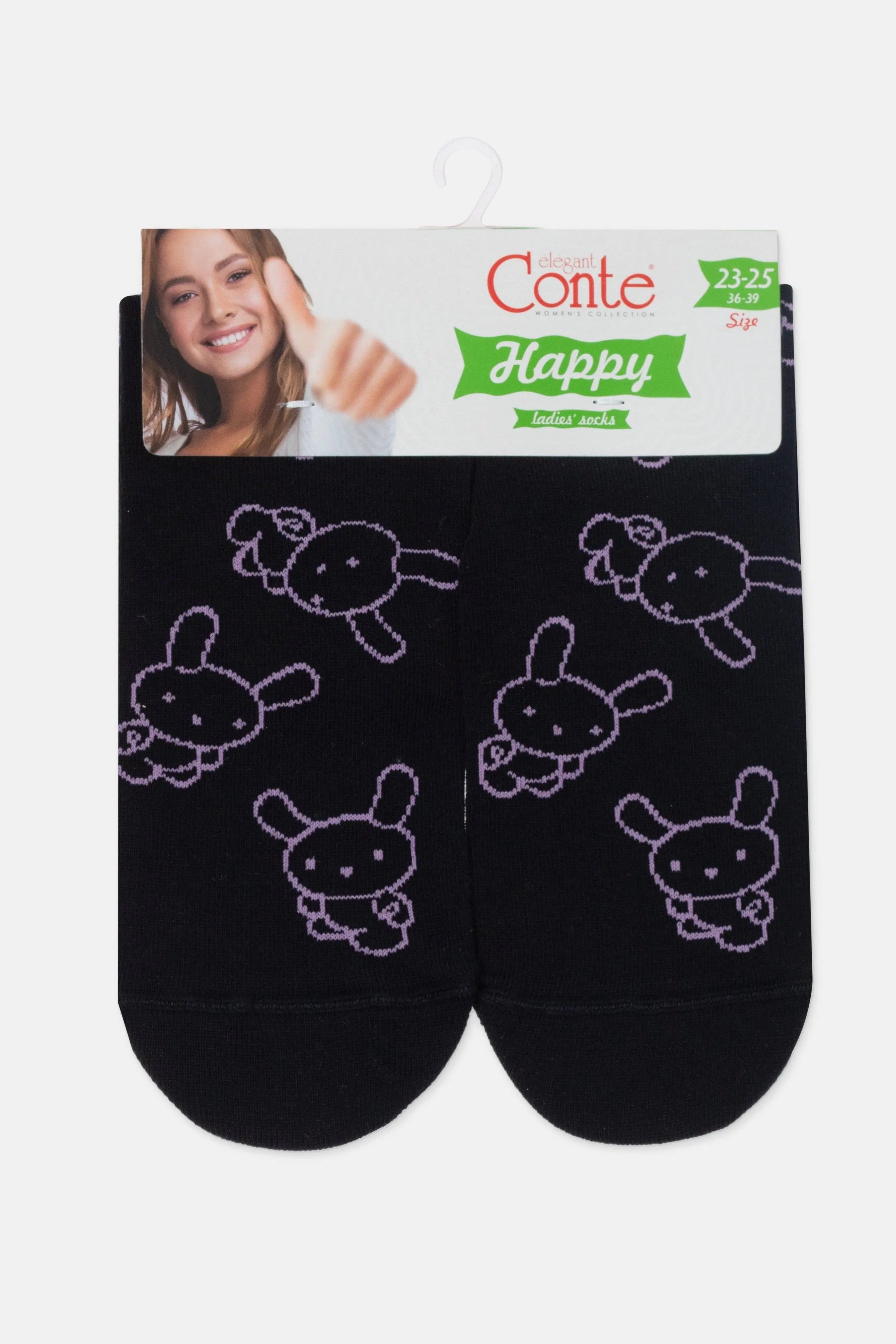 Black socks with bunny designs in packaging featuring a woman's face and 'Conte' branding.