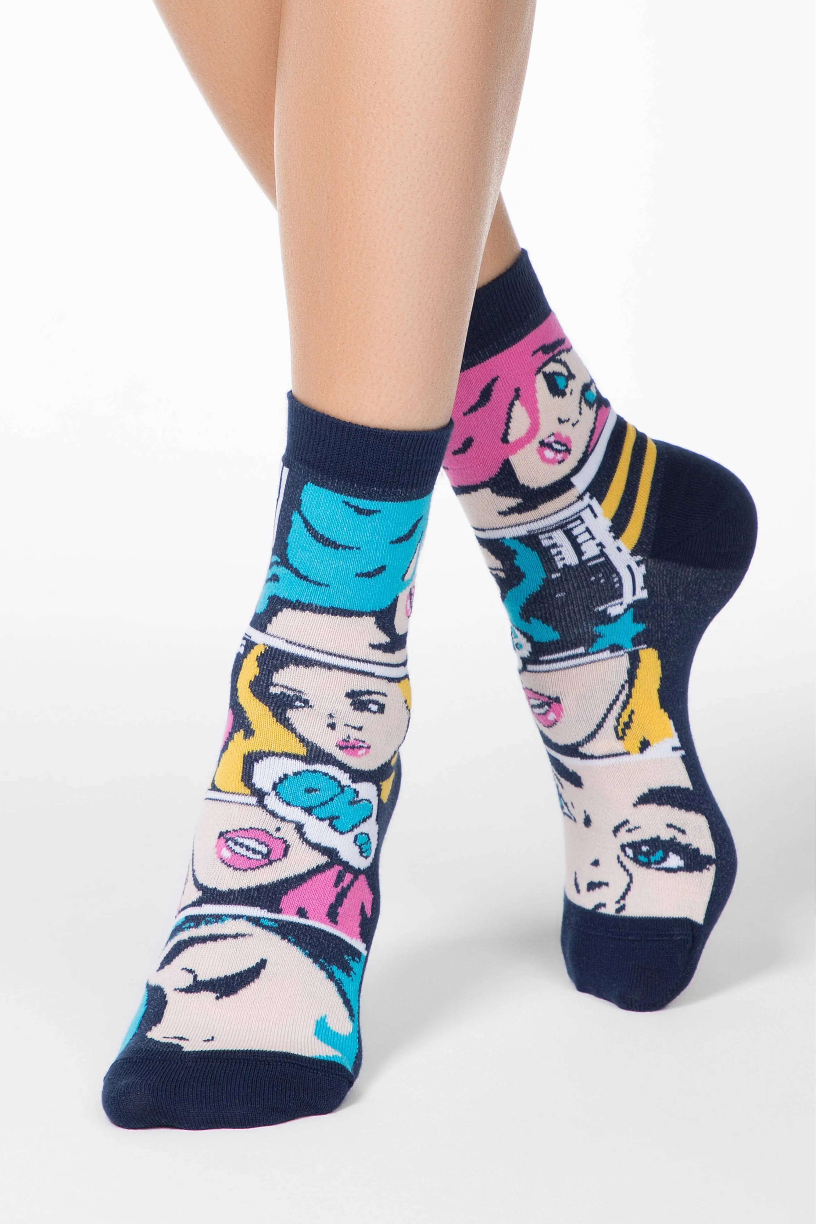 Colorful socks with graphic designs on a white background