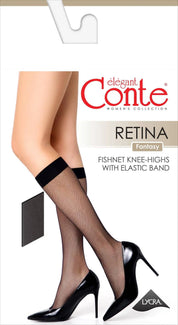Fishnet knee-highs with elastic band on a white background, featuring the brand 'elegant Conte'. #color_bronz-tan