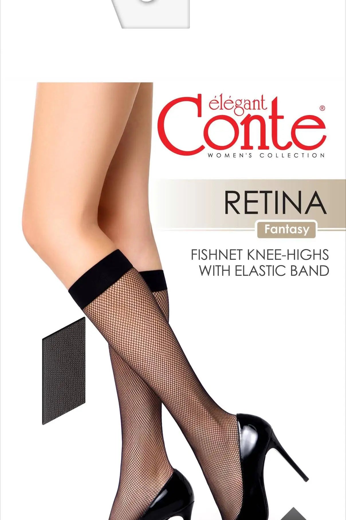 Fishnet knee-highs with elastic band on a white background, featuring the brand 'elegant Conte'. #color_natural-nude