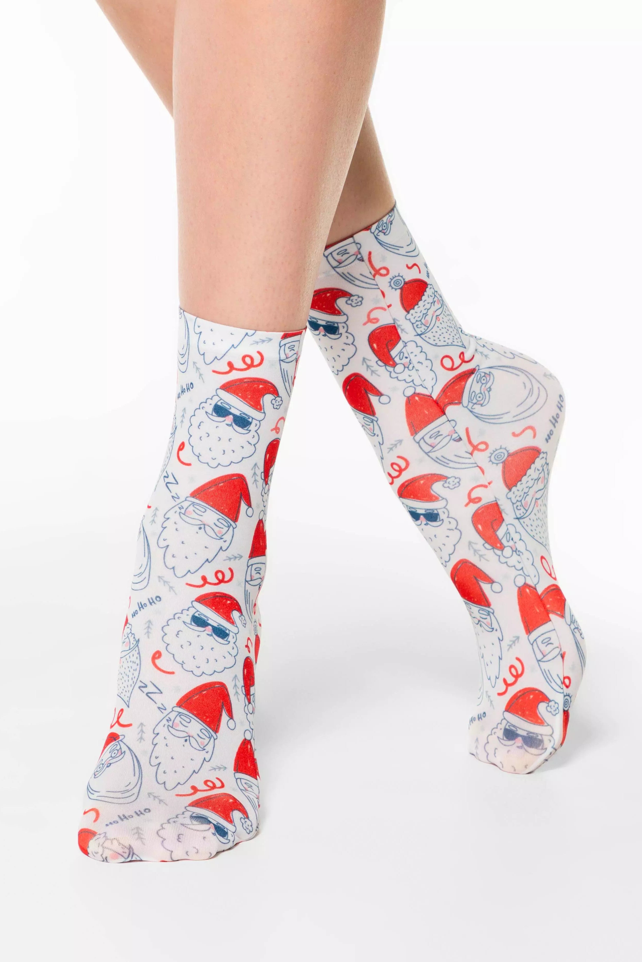 Socks with red and blue patterns on a white background