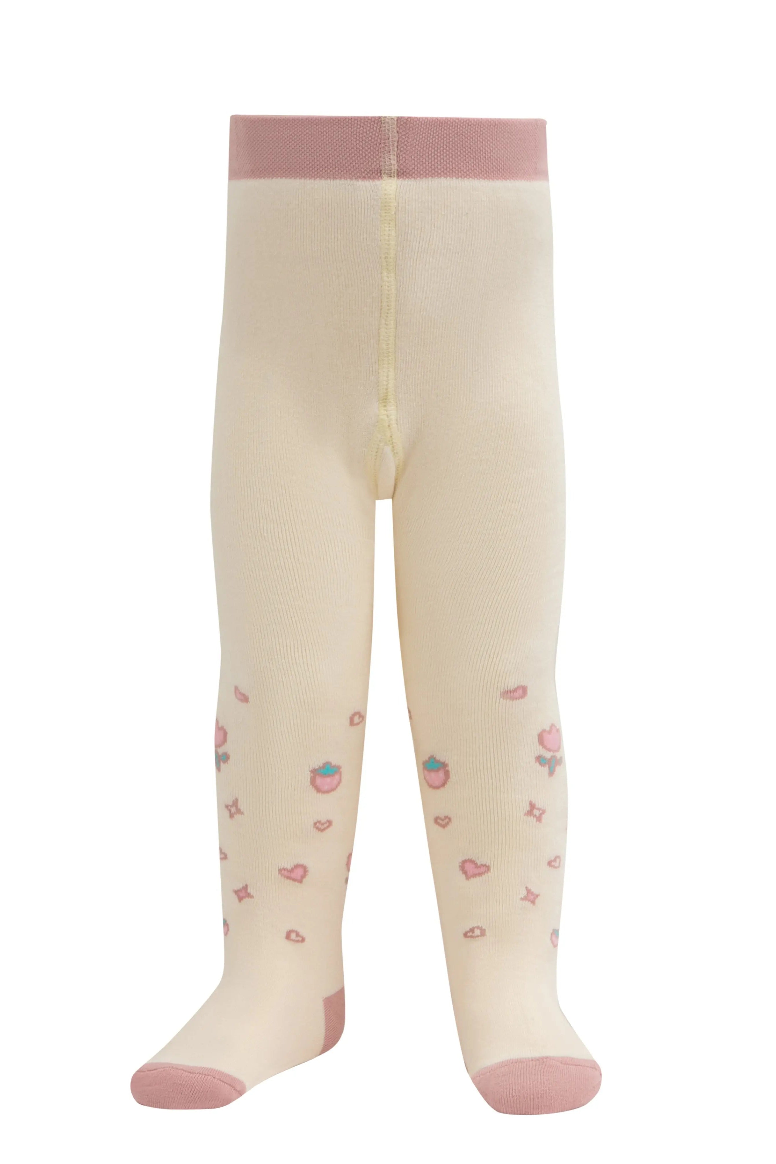 Cream-colored tights with pink accents and heart pattern on a white  background #color_cappuccino