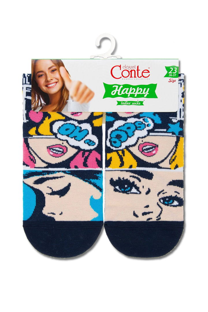Pack of socks with comic-style faces on a white background