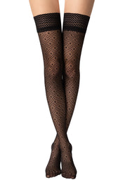 Black fishnet stockings with a pattern on a white background