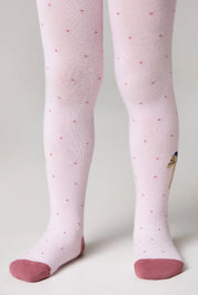 Pink tights with red polka dots worn by a person on a light gray background #color_light-pink