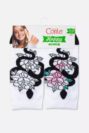 Pair of white socks with black snake designs on a Conte packaging.