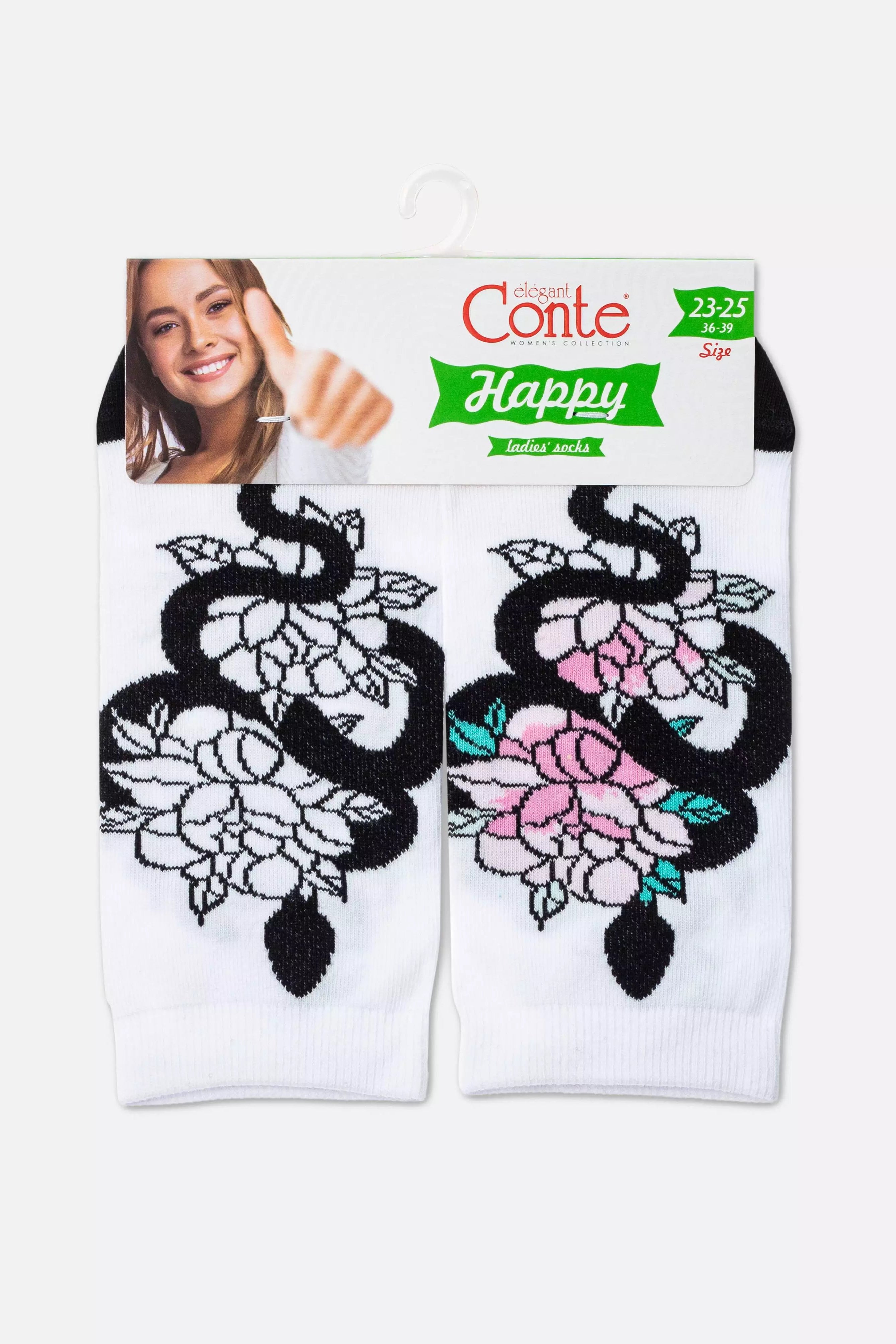 Pair of white socks with black snake designs on a Conte packaging.