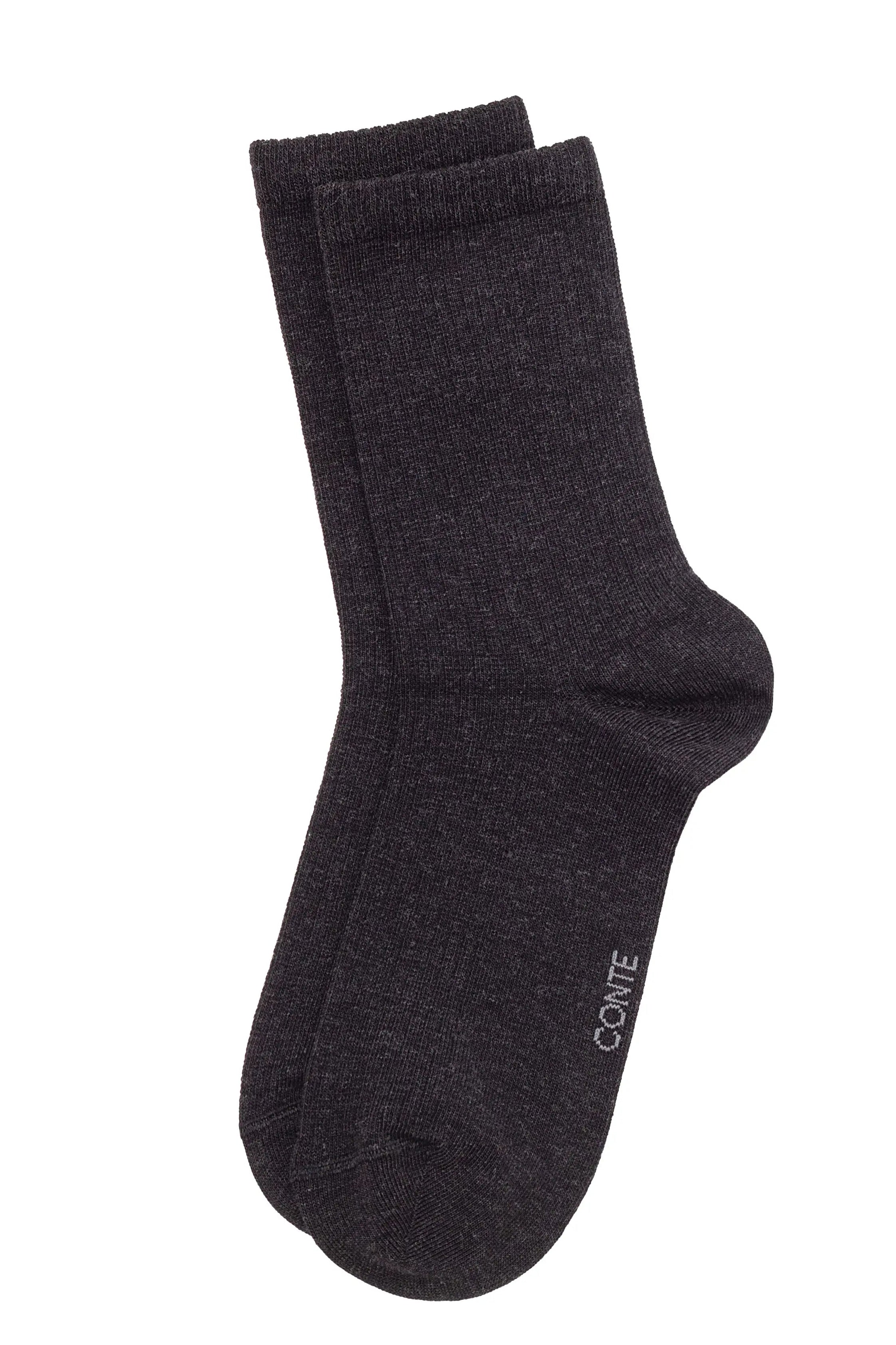 Dark gray sock with 'Conte' branding on a white background #color_black