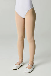 Person wearing a white bodysuit and beige tights on a plain background #color_natural-nude