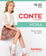 Girl wearing Conte Mona fancy socks with product details on a white background #color_bianco