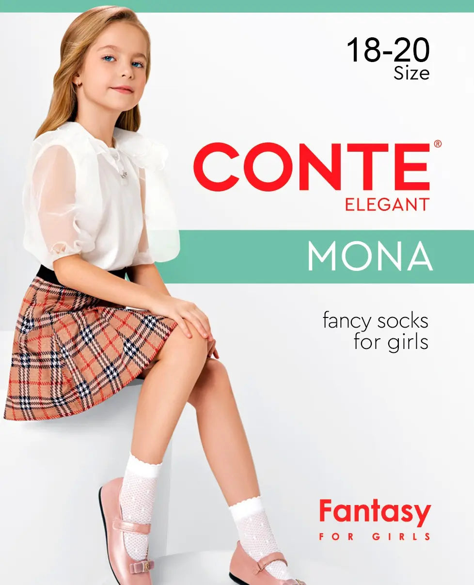 Girl wearing Conte Mona fancy socks with product details on a white background #color_bianco