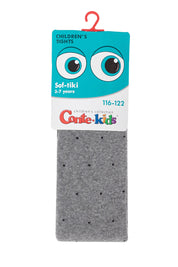 Gray children's socks with a blue packaging label featuring cartoon eyes on a white background. #color_gray