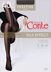 Elegant Conte silk effect tights packaging with a model wearing the  product. #color_bianco