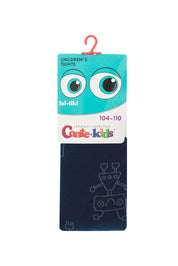 Children's socks with a blue packaging label featuring cartoon eyes on a white background #color_dark-blue