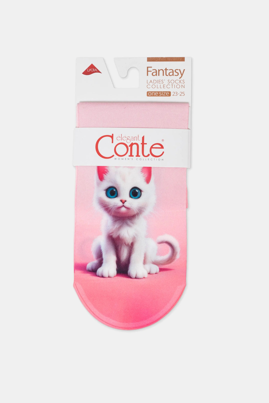 Pink socks with a cat design and 'Conte' branding on a white background