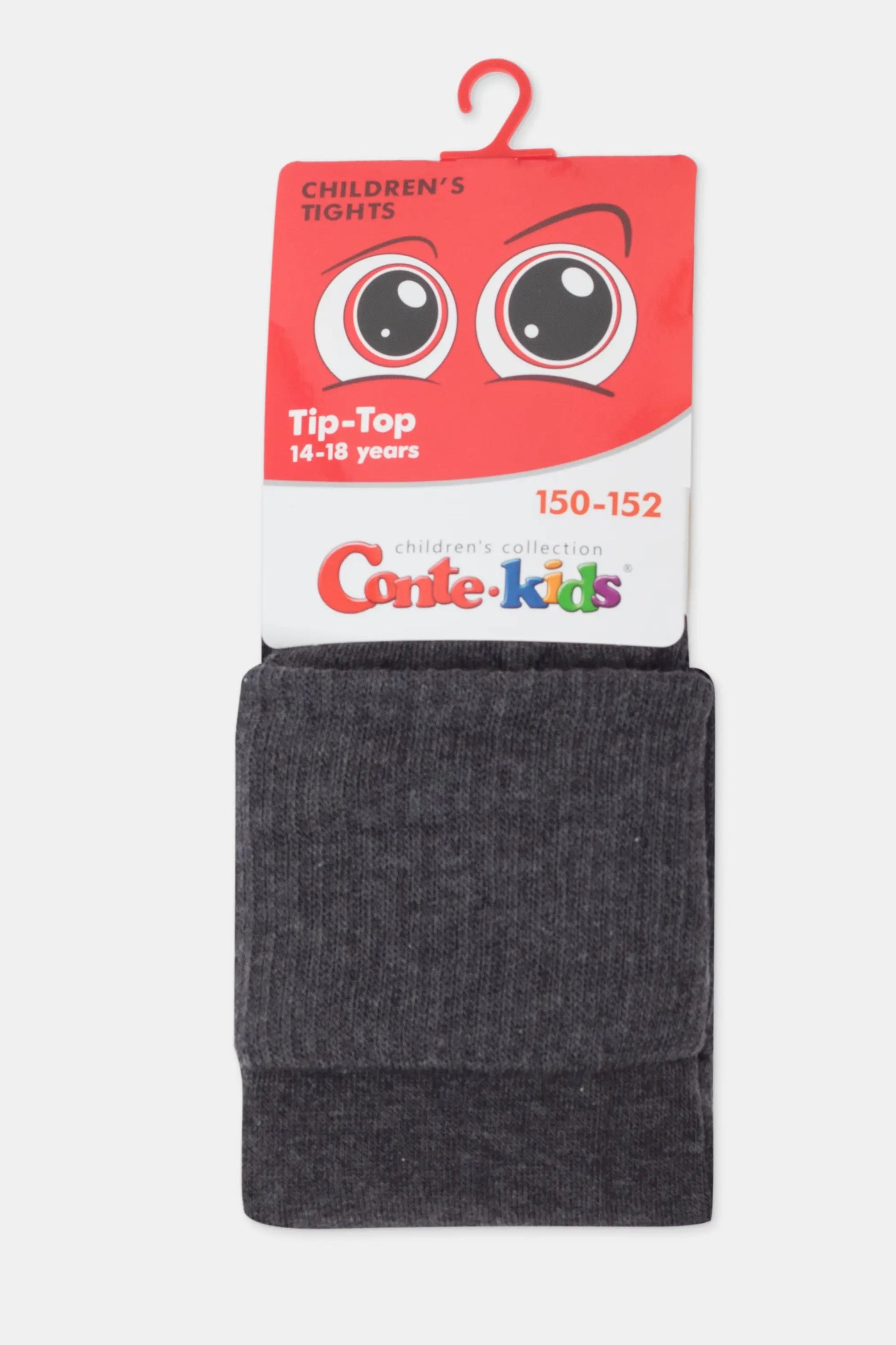 Dark gray tights on a white background with a red and orange packaging label featuring cartoon eyes. #color_dark-gray