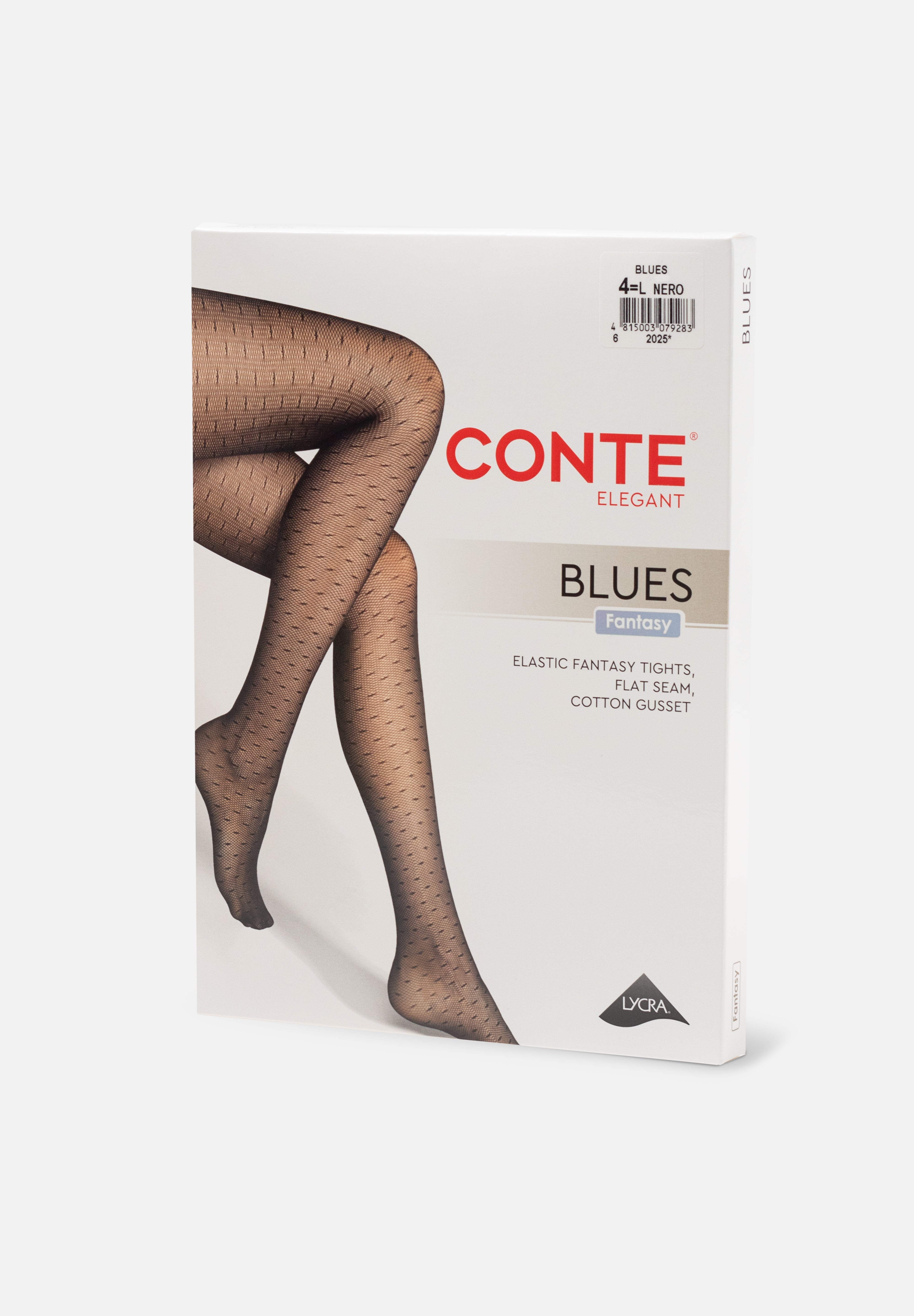 Packaging of Conte tights with a model wearing them on a white background #color_nero-black