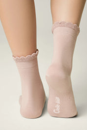 Pink socks with lace details on a neutral background #color_ash-pink