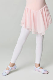 Person wearing a pink ballet skirt, white tights, and ballet shoes on a light gray background #color_bianco