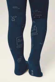 Navy blue tights with white robot pattern on a white background #color_dark-blue