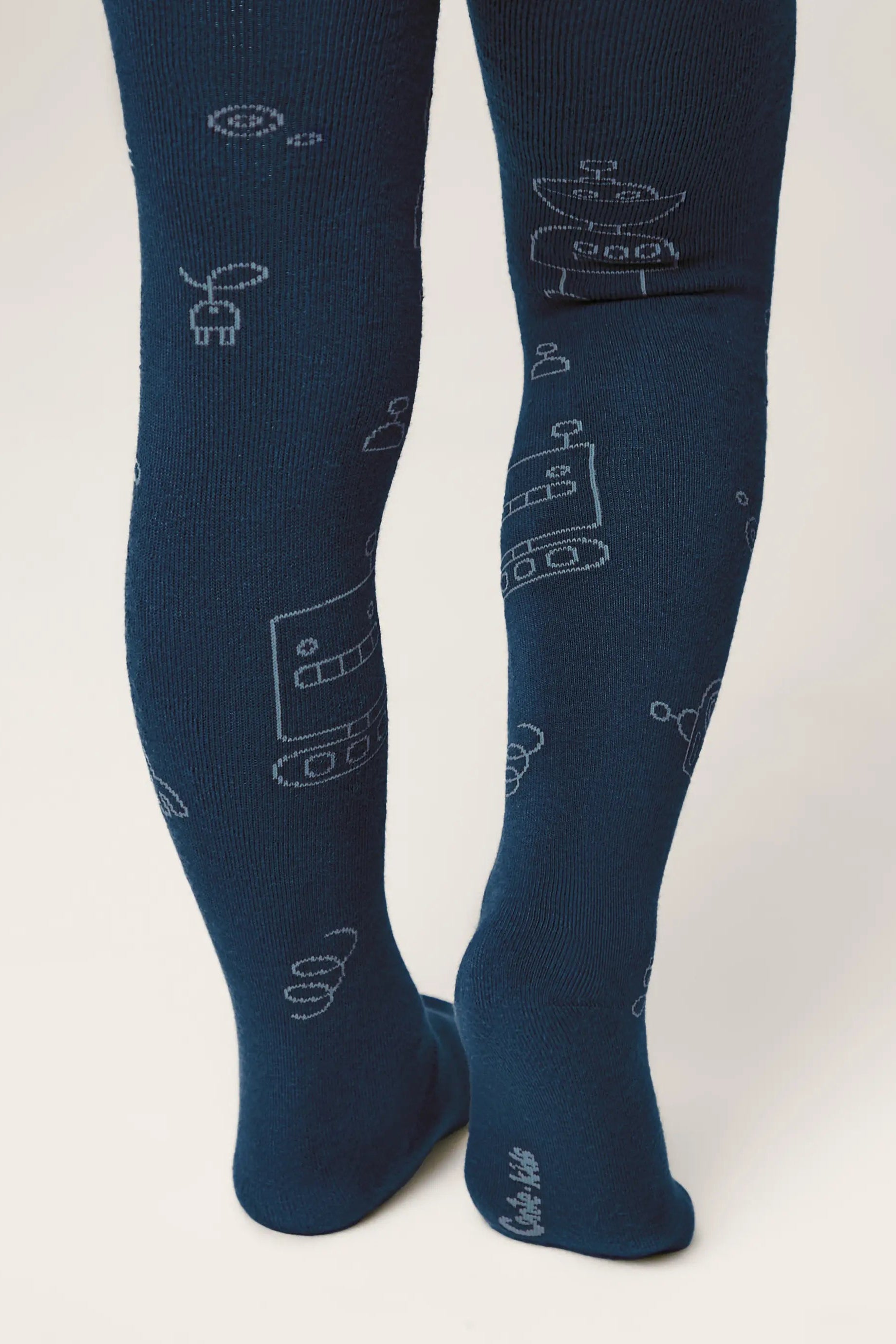 Navy blue tights with white robot pattern on a white background #color_dark-blue