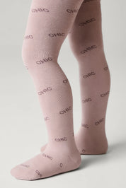 Pink tights with 'CHIC' print on a light gray background #color_ash-pink