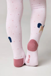 Pink tights with blue and red accents worn by a child on a light gray background #color_light-pink
