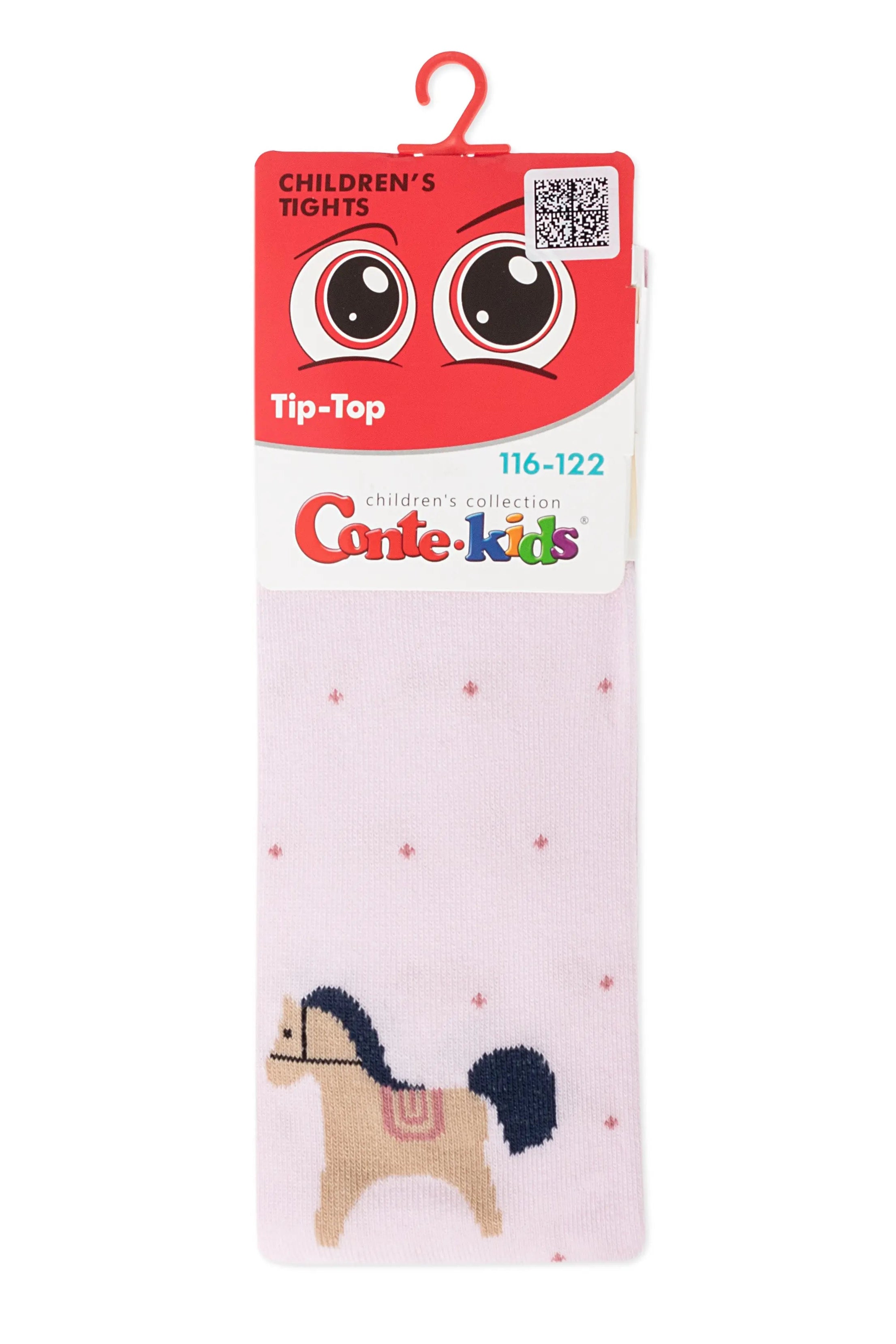 Children's socks with a horse design on a pink background, branded 'Conte Kids'. #color_light-pink