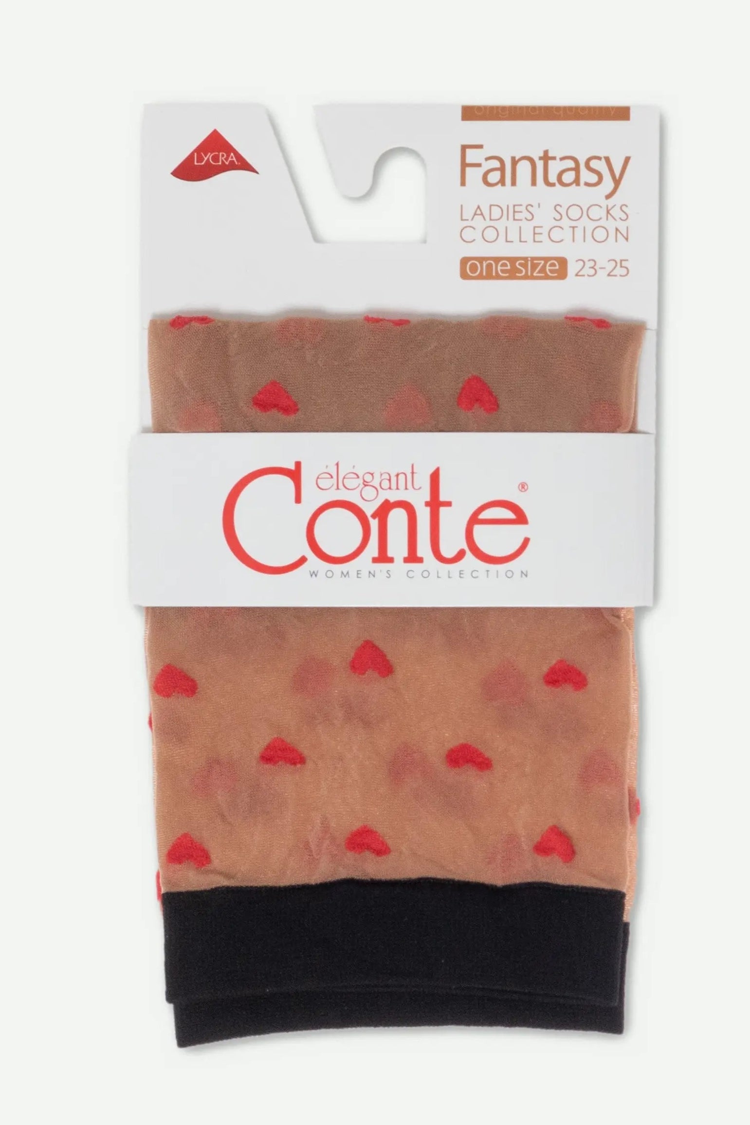Packaged socks with red heart pattern on a beige background, featuring the brand 'Conte'. #color_natural-nude