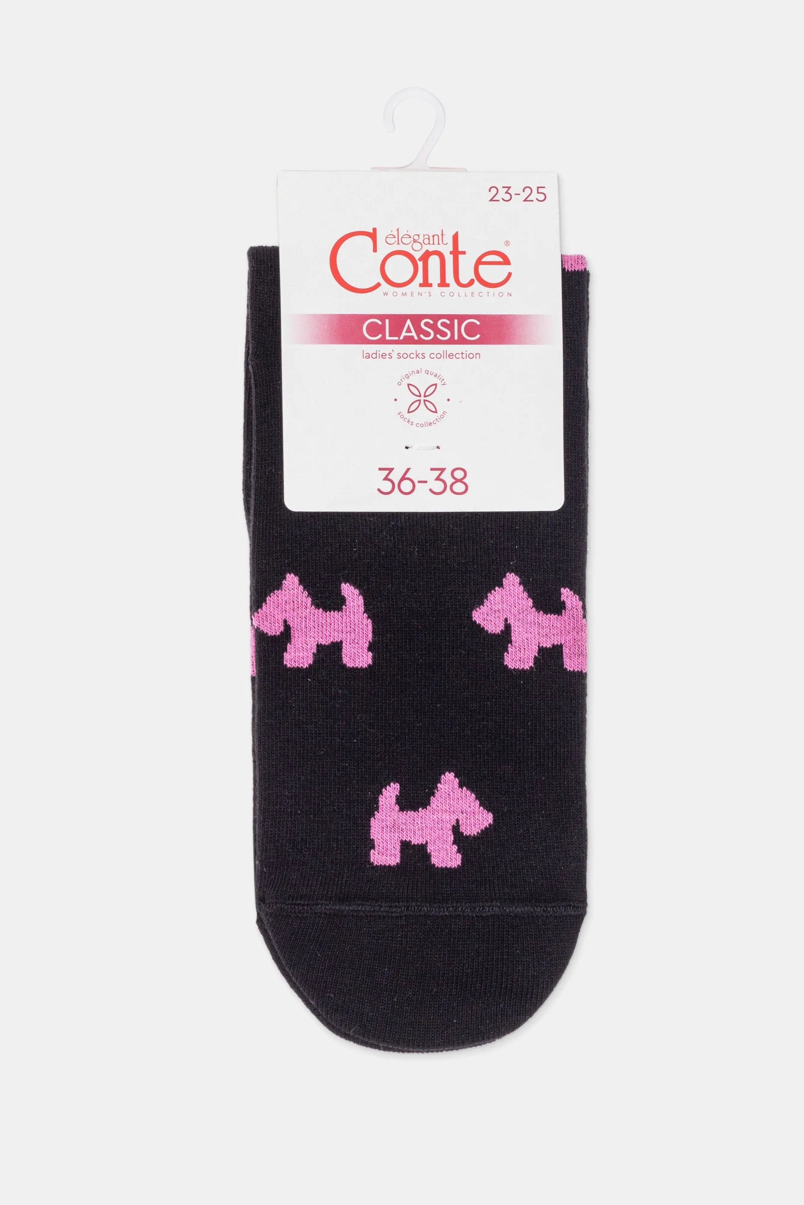 Black ankle sock with pink dog patterns and Conte label on a white background #color_black