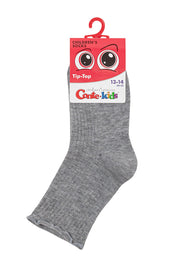 Gray sock on a white background with a colorful packaging label. #color_gray