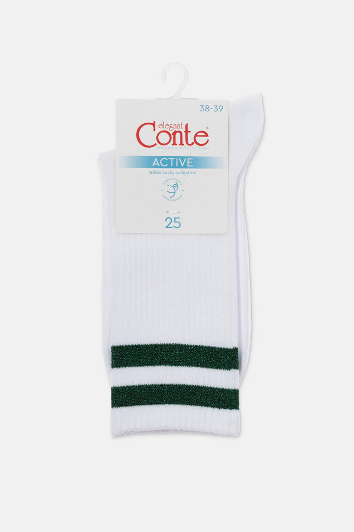 White sock with green stripes and Conte branding on a white background #color_green