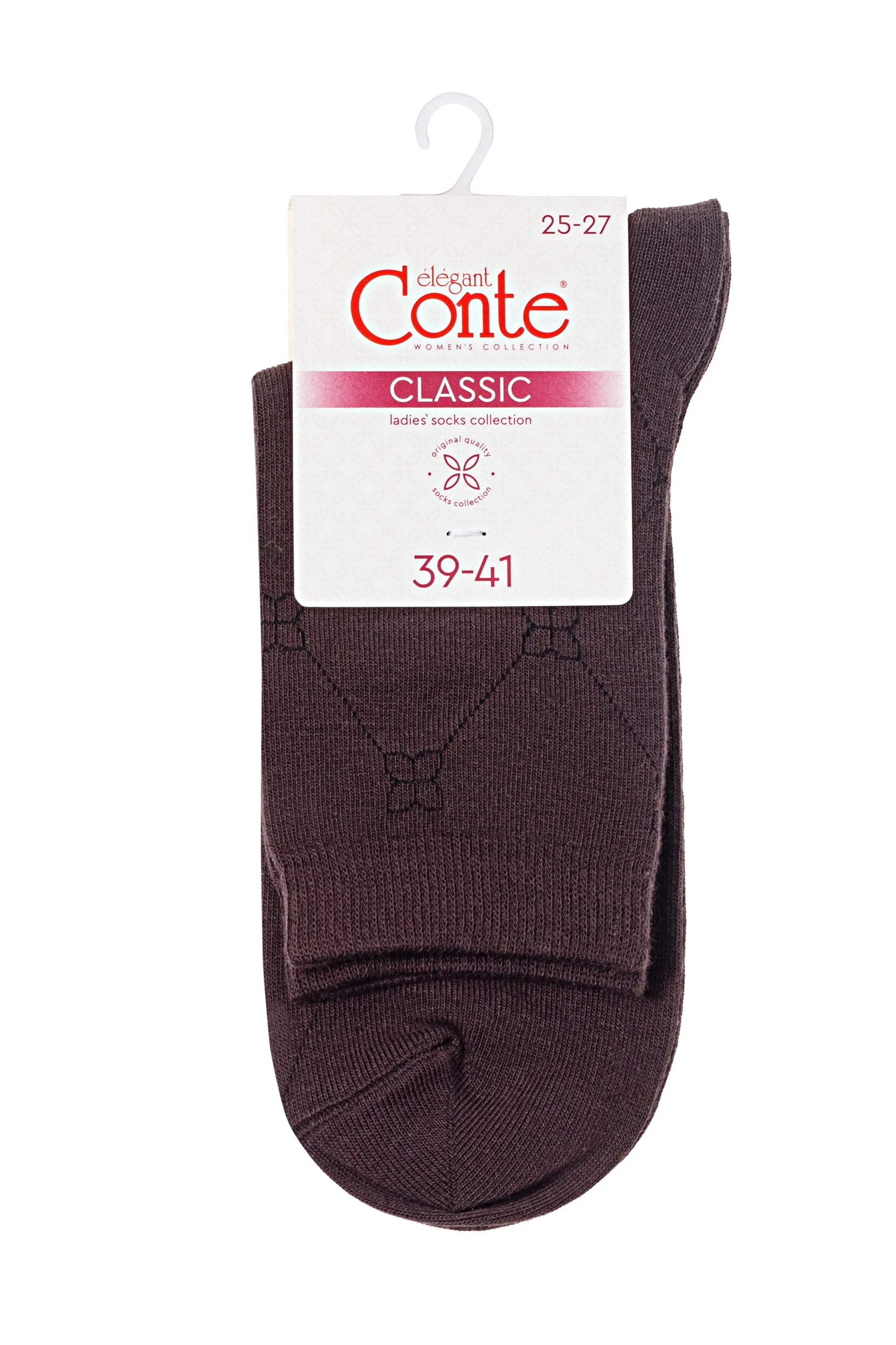 Brown sock with a 'Conte' label on a white background #color_chocolate