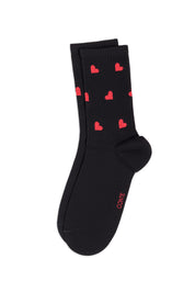 Black socks with red heart patterns on a white background #color_black