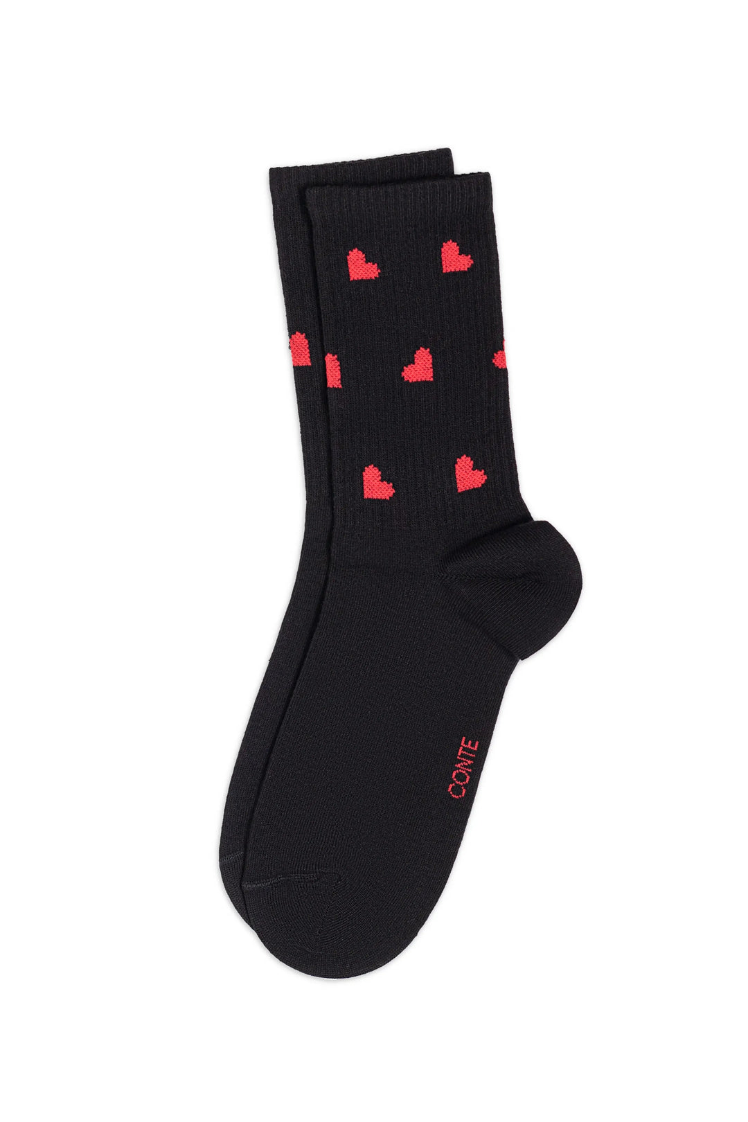Black socks with red heart patterns on a white background #color_black