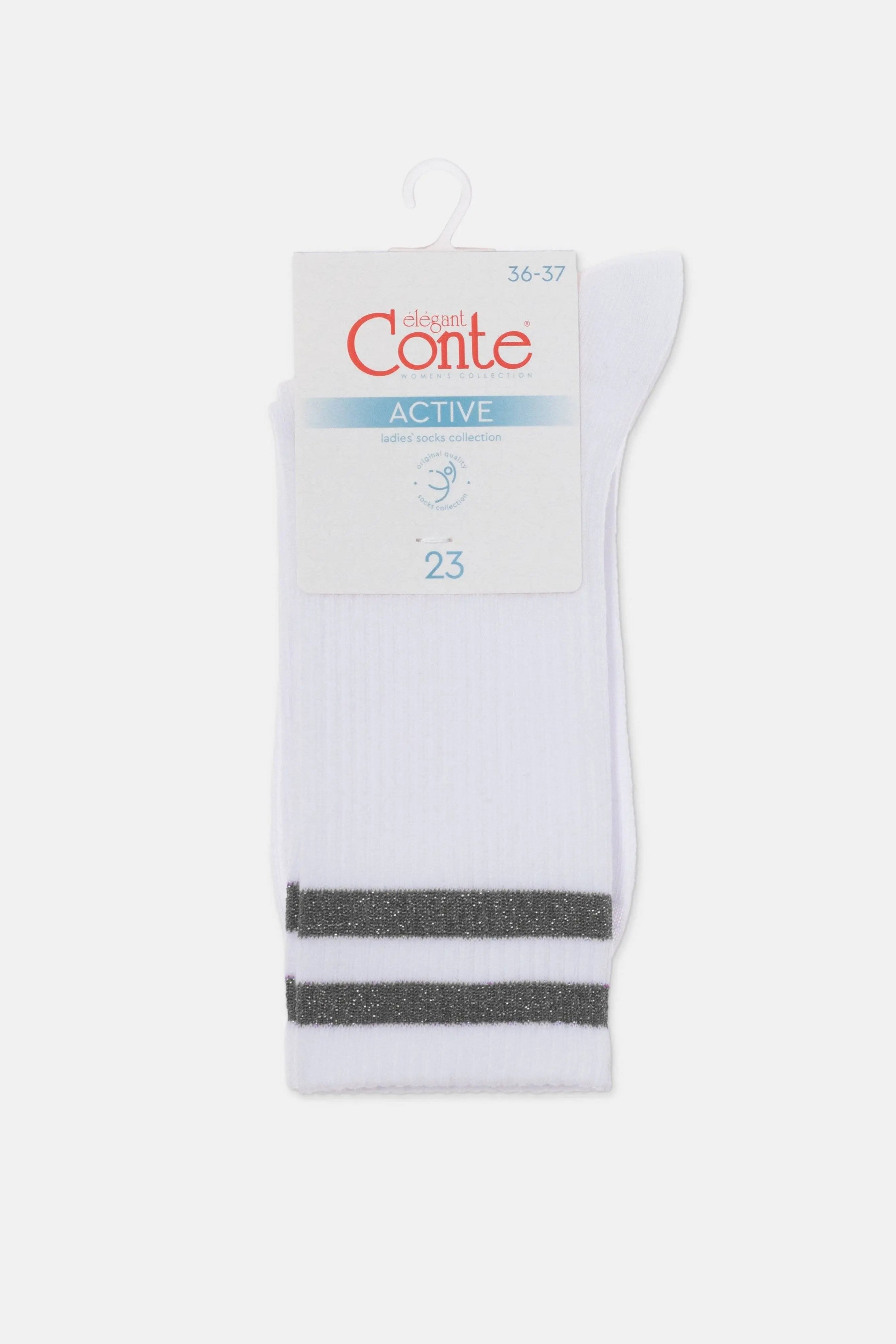 White sock with gray stripes on a white background, featuring Conte branding. #color_gray