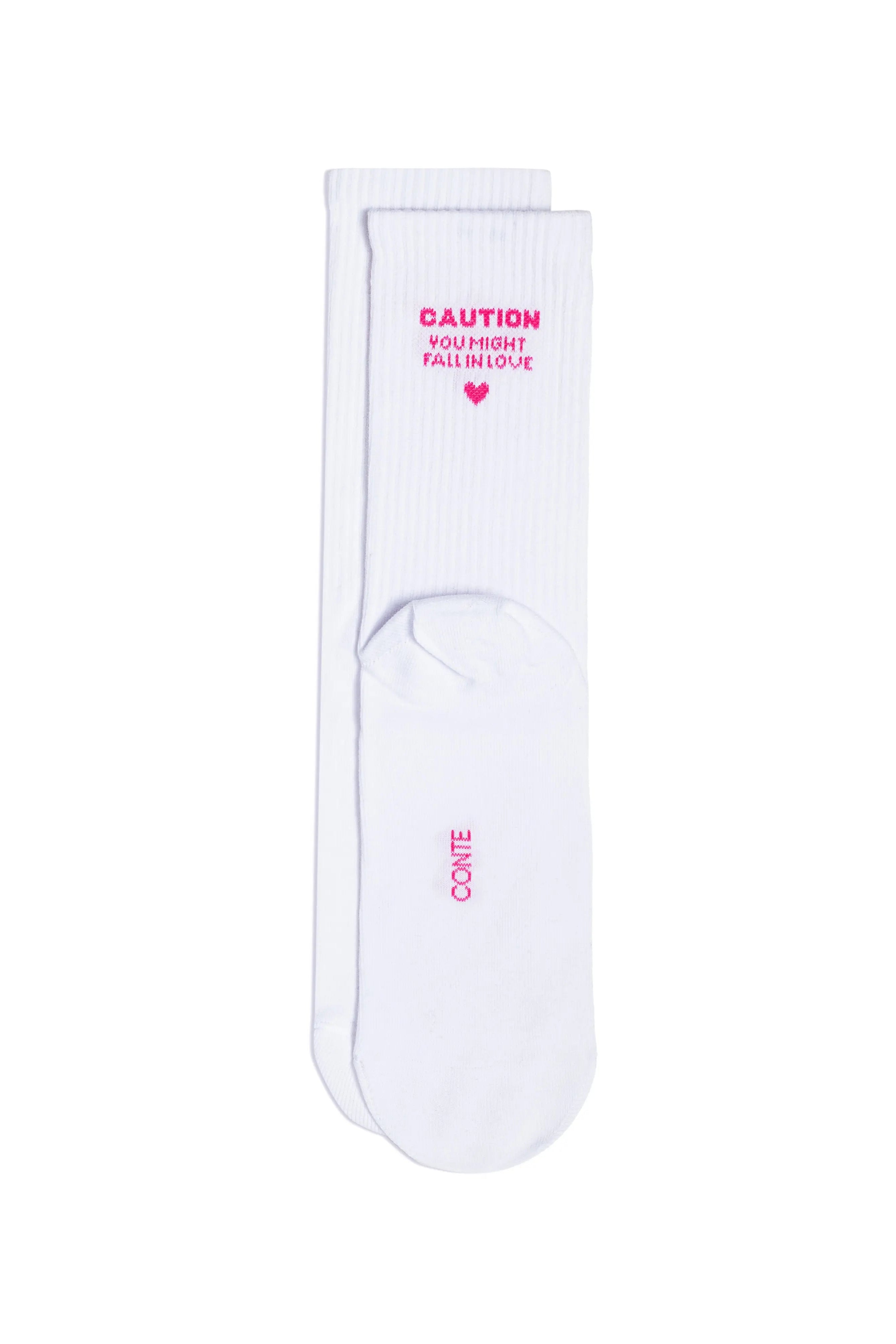 White sock with pink text on a white background