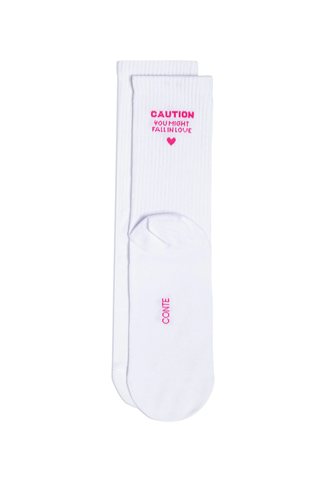 White sock with pink text on a white background