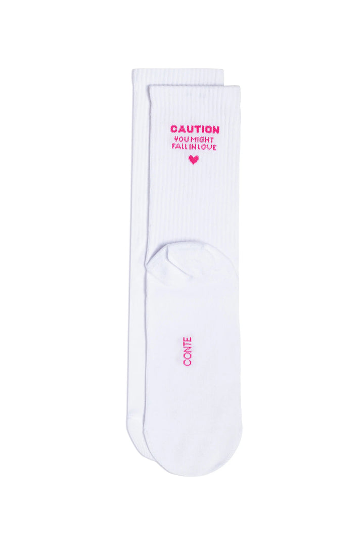 White sock with pink text on a white background