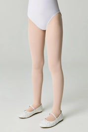 Person wearing a white leotard and sheer tights on a plain background #color_pink-ballet