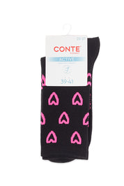 Black socks with pink heart patterns and a white label on a white background #color_black