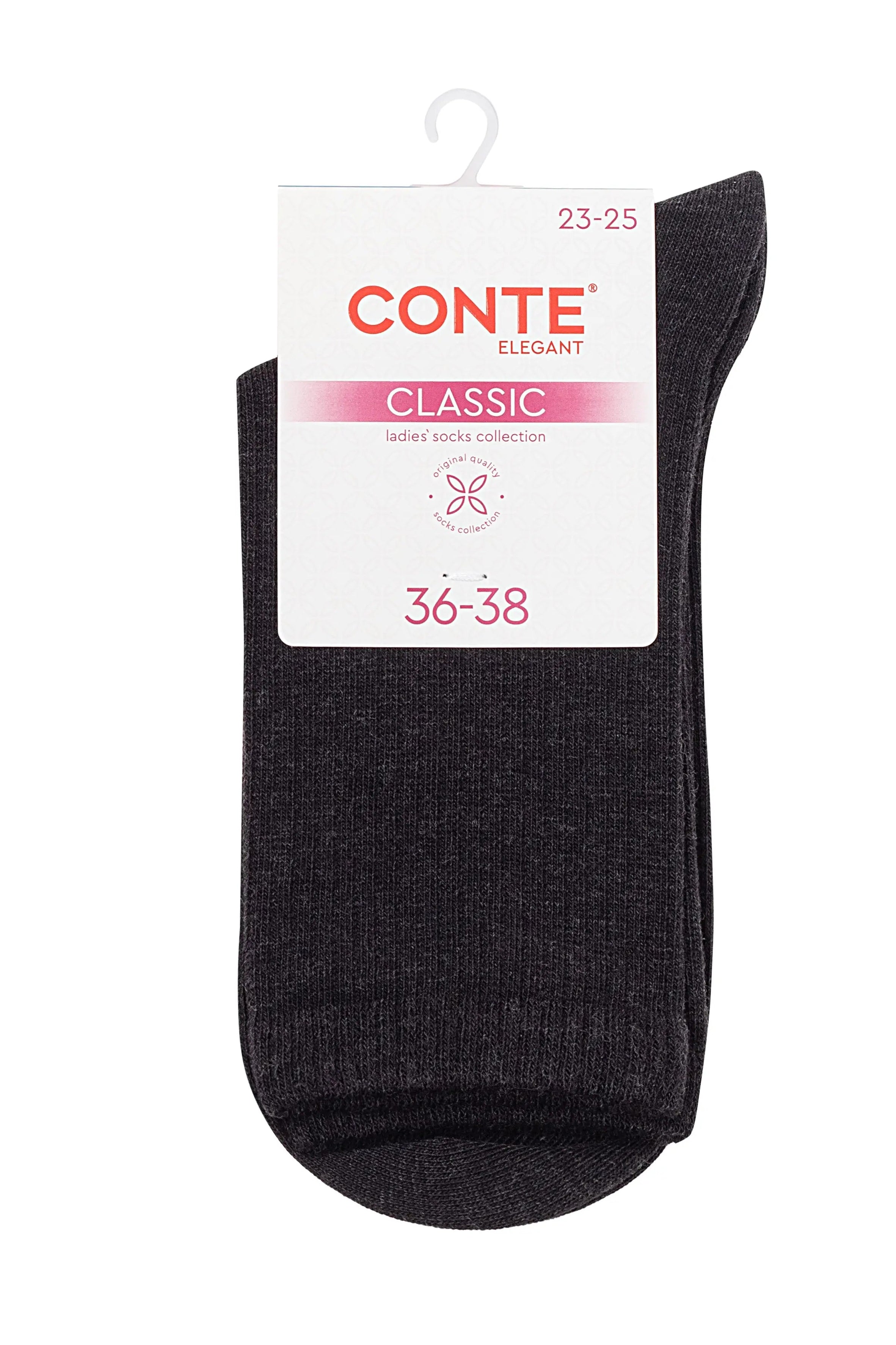 Dark gray sock with Conte label on a white background #color_black