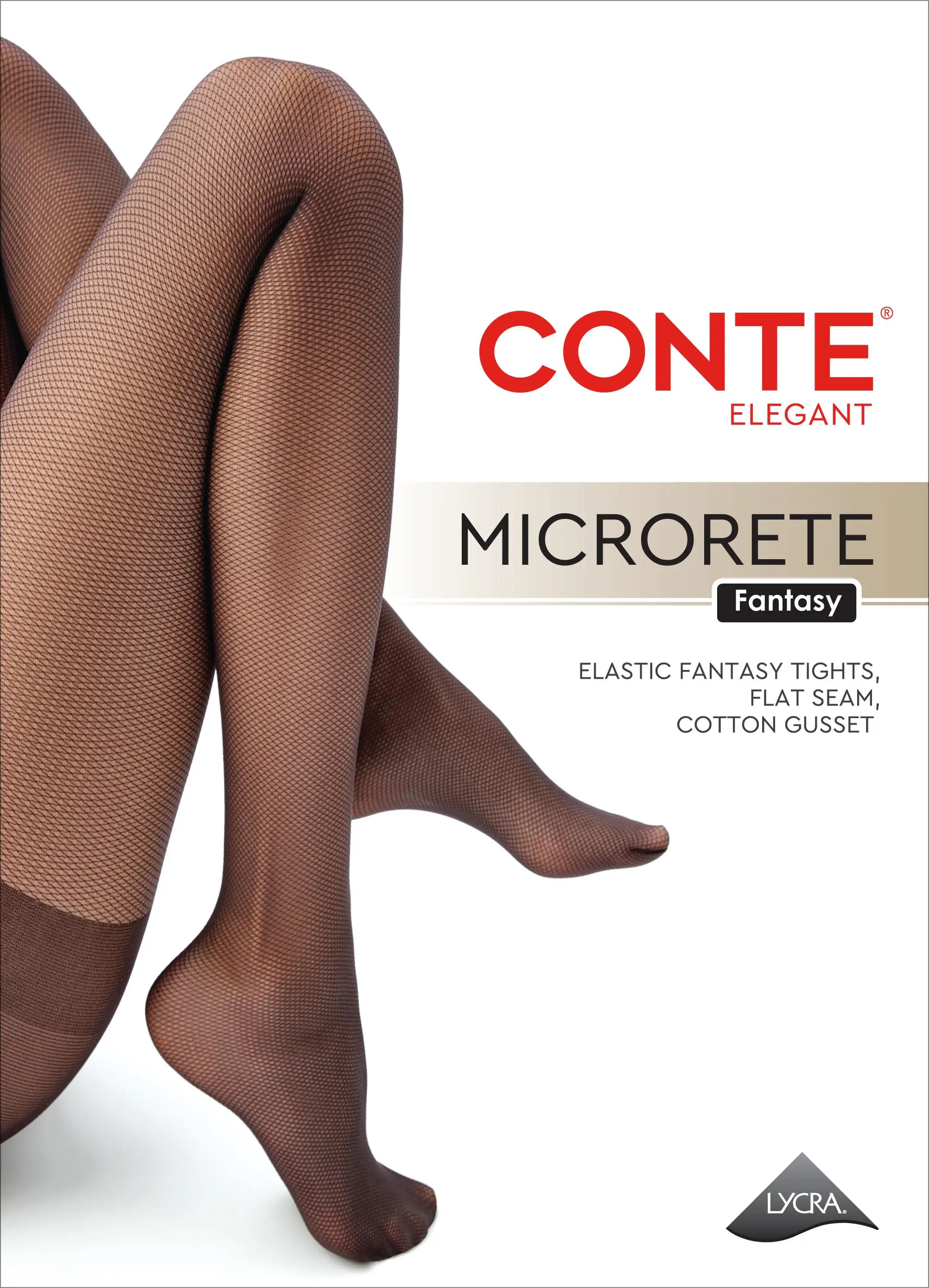 A close-up of a person's legs wearing Conte Elegant Microrete Fantasy elastic tights, shown against a white background with product text and logos.